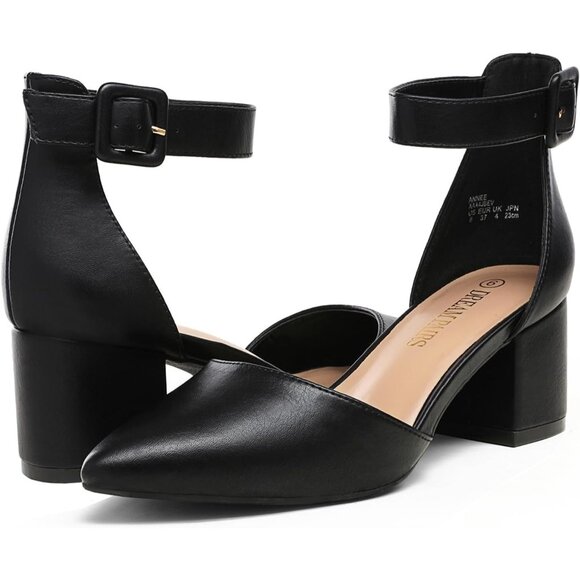 🆕Women Black PU Chunky Low Block Heel Pointed Toe Ankle Strap Wedding Pumps - Picture 5 of 9